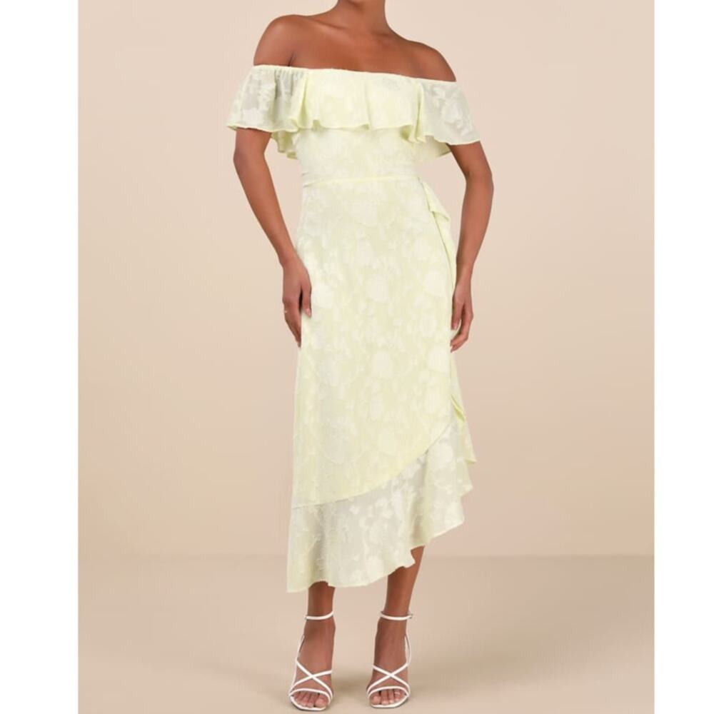 NEW Lulus Pretty Perfect Yellow Burnout Floral Off-the-Shoulder Midi Dress XXL